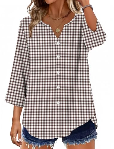 Image of OFEEFAN Button Down Shirts for Women 3 /4 Length Sleeve Tops V Neck Blouses Business Casual Outfits Loose Fit