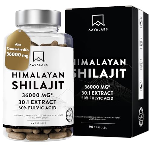 Shilajit Puro del Himalaya -36,000mg (Extracto 30:1) - 90 Shilajit Capsulas (No Shilajit Gummies) - con 50% de Acido Fulvico - Más Conveniente que el Resina de Silajhit - Rico en Minerales Traza