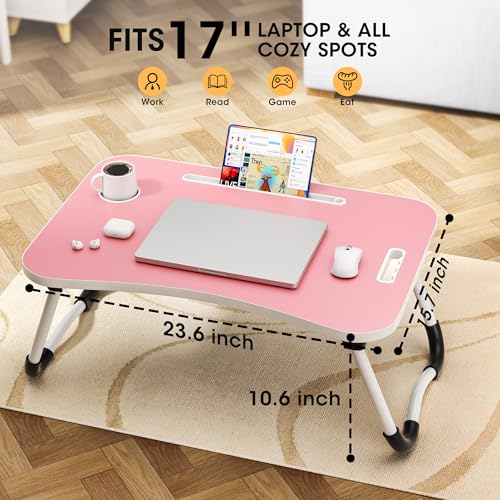 Image of Folding Lap Desk, 23.6 Inch Wood Laptop Bed Desk with Cup Holder, Portable Bed Table for Working Writing Reading & Eating for Bed, Sofa, Couch, Floor - Pink