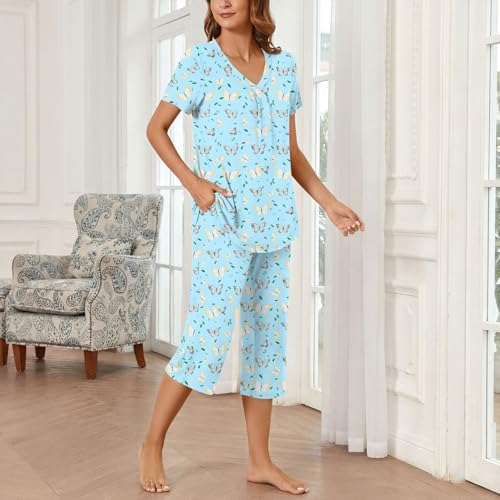 Image of Bestbee Women's Pajama Sets 2 Piece Lounge Outfits Summer Sleepwear V Neck Short Sleeve Capri Pant With Pockets Ladies Pjs