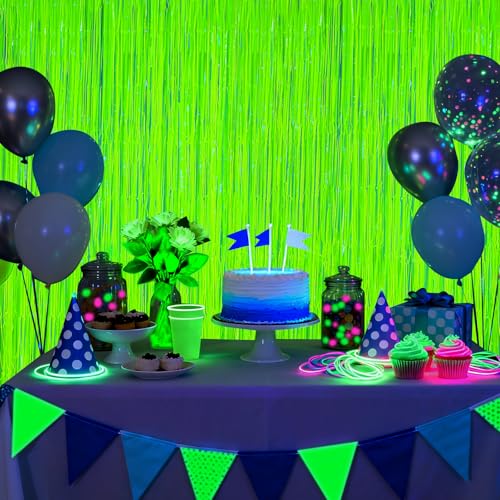 Image of 2 Pack Glow in The Dark Party Streamers, Neon Party Decorations Fluorescent Macaron Yellow Tinsel Foil Fringe Curtains, Photo Booth Prop Backdrop Streamers, Birthday Halloween Party Decorations