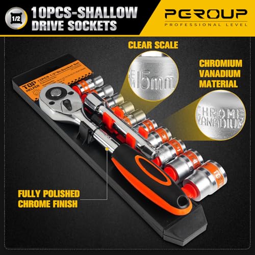 Image of 12 PCS 1 /2 inch Drive Metric Socket Wrench Set,1 /2 Reversible Ratchet Handle,6 Point Shallow Sockets (10-24mm) and Extension Bar 5 inch, CR-V Steel, Car Repair Set