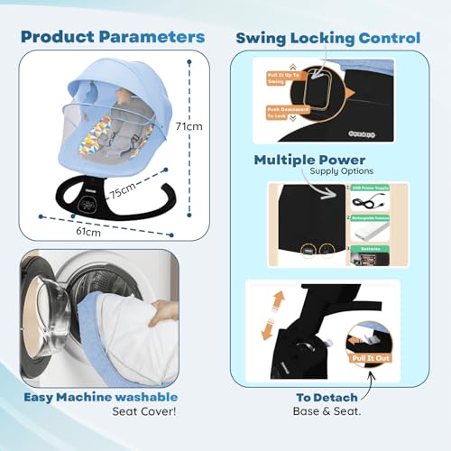 Image of Electric Baby Swing Rocker for Newborns & Infants | Automatic Baby Cradle with Bluetooth Music, Remote Control, Built-in Lullabies, Mosquito Net, Hanging Toys, Soft Cushion-Blue (0-12 Months)