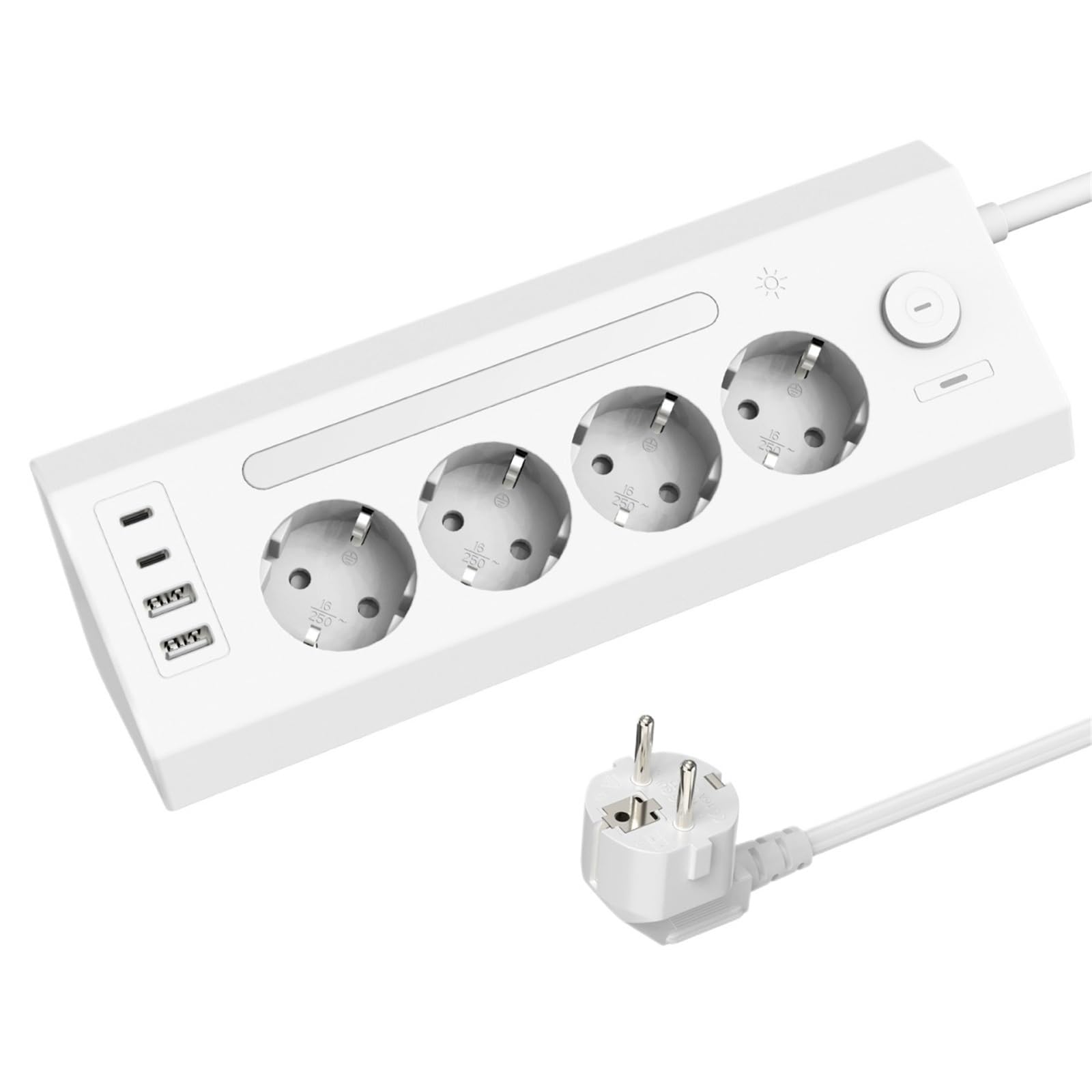 8-in-1 EU Socket Board with 2USB+2Type-C+ Master Control Switch, 1.8-Meter Extension Cord, and Night Light Adjustment Function(EU_250V_White)