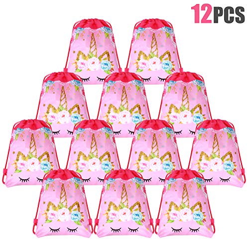 Tacobear 12 Piezas Unicornio Bolsa Regalo Bolsa de Cuerdas Unicornio Bolsa con cordón Mochila Bolsa Dulces Gimnasio Backpack para Infantil Niñas Fiesta Cumpleaños Party (Rosa)