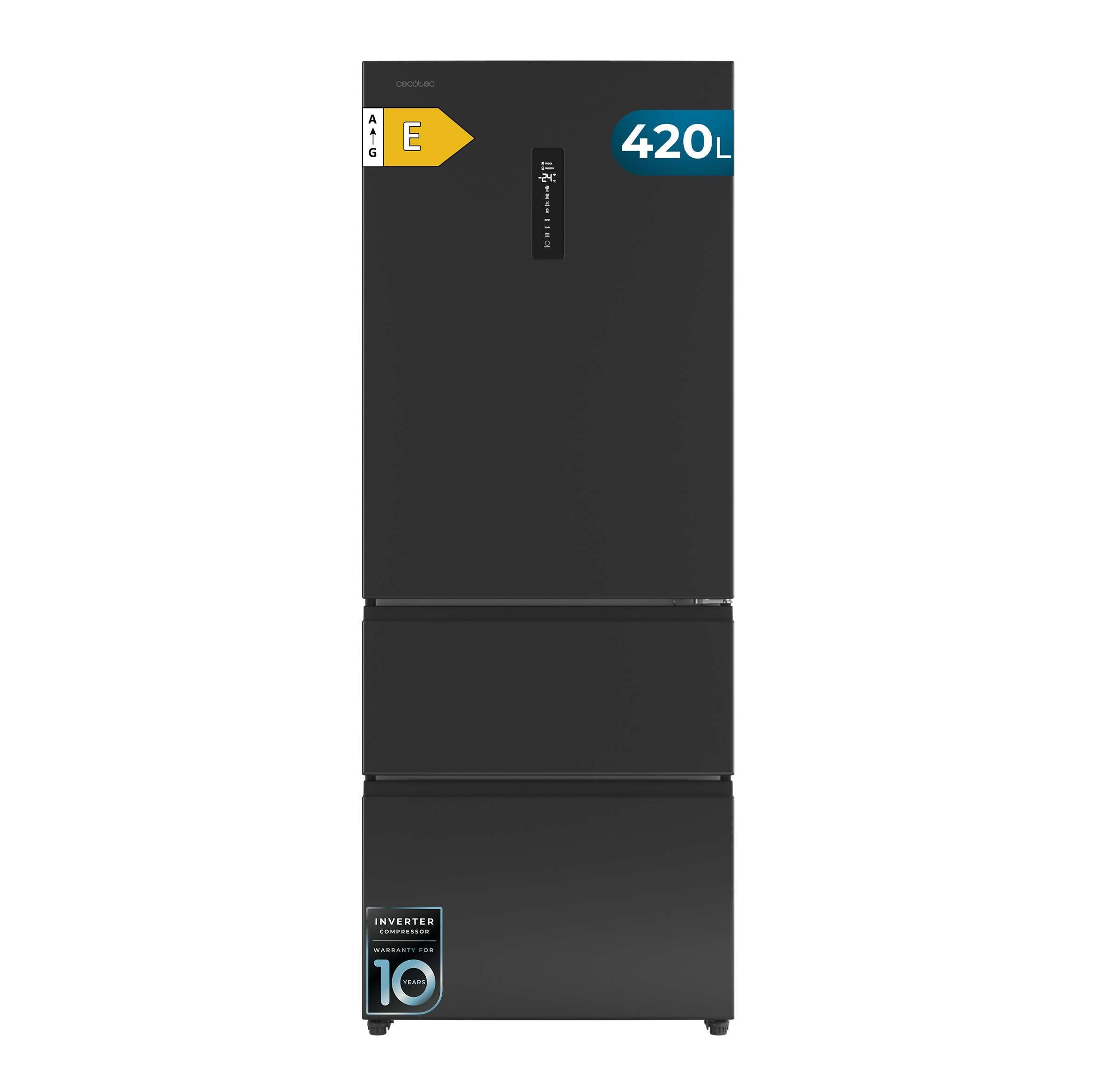 Cecotec Frigorífico Puerta Francesa Total No Frost Bolero CoolMarket FD 420 Dark E, Extra Capacidad Max 420L, Alto 186 cm y 70 cm Ancho, Compresor Inverter, ATT Antibacterias