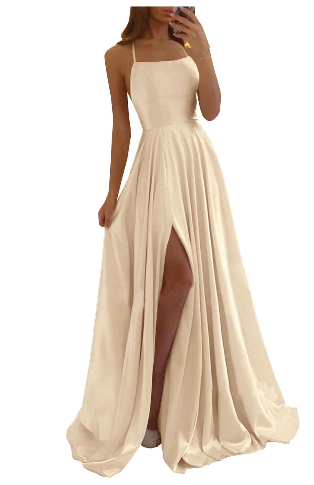 POMUYOO Spaghetti Straps Satin Prom Dresses 2026 Long Corset Pleated Formal Evening Gown with Slit