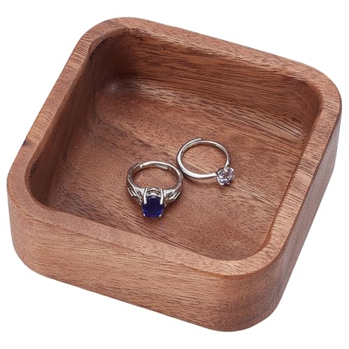 Beebeecraft Walnut Wood Ring Tray Square 3.94 Inch Solid Wood Jewelry Dish Plate for Earrings Necklace Bracelet Keys Trinkets Storage Holder Organizer