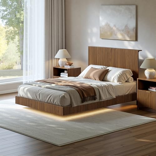 Image of Evermagin Walnut Full Floating Bed Frame with Headboard | Mid Century Modern Fluted Platform Bed with LED Lights, Heavy Duty Bedframe with Charging Station, No Box Spring Needed