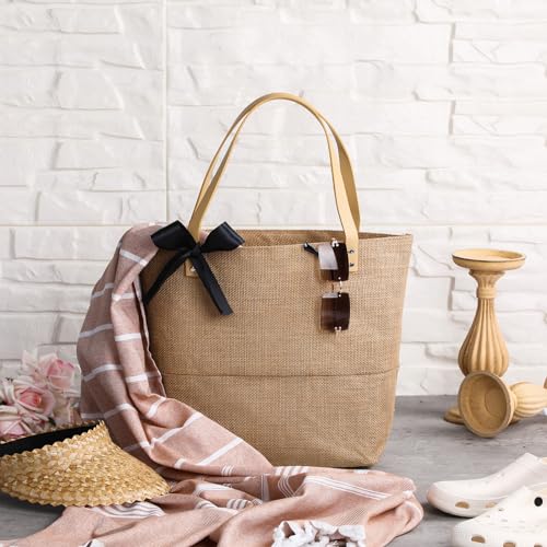 Image of Shinylin Straw Tote Beach Bag and Beach Towel Jute Burlap Travel Waterproof Handbag Bag with Pool Towels for Women