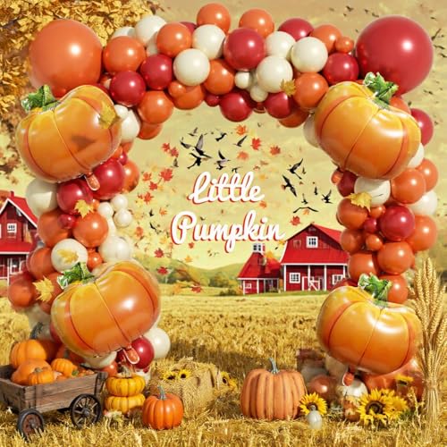 Image of Fall Balloon Arch Garland Kit 153pcs with Pumpkins, Thanksgiving Balloons Arch Kit Burnt Orange Burgundy Yellow Balloons Different Sizes for Little Pumpkin Birthday Baby Shower Decoration
