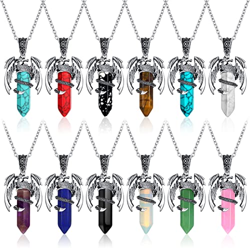 Yinkin 12 Pcs Dragon Necklace for Men Women Crystal Stone Necklace Dragon Wrapped Pendant Chakra Reiki Gemstone jewelry