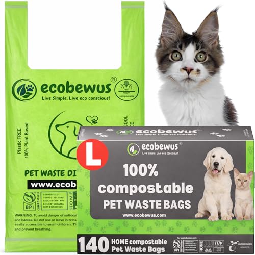 ECOBEWUS 100% Compostable Pet Waste Disposal Bag (140 ct.) Plant-Based Biodegradable Cat Litter Poop Waste Pick-Up Bags with Handles Dog poop Bags Disposable Compost Food Scrap Liners (140 ct.)
