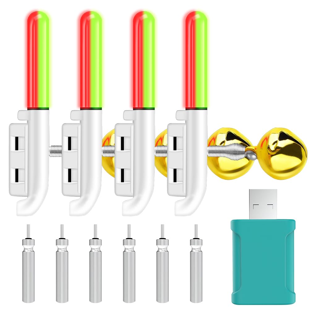 Set di 4 luci a LED per la pesca, indicatore di abboccato da pesca, con fibbia, campanello di allarme di pesca, barre luminose a LED, con caricatore e batteria per la pesca all'aperto