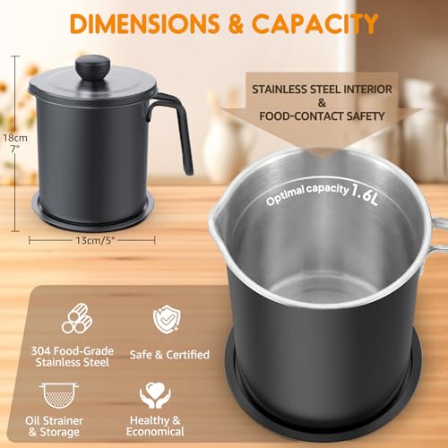 Image of Chihee Grease Container Stainless Steel 2L / 67.6 fl oz Fine Mesh Strainer | Easy to Clean Large Spout Bacon Grease Saver Cooking Oil Keeper Stoarge Can with Dust-proof Lid Non-slip Tray Kitchen Frying