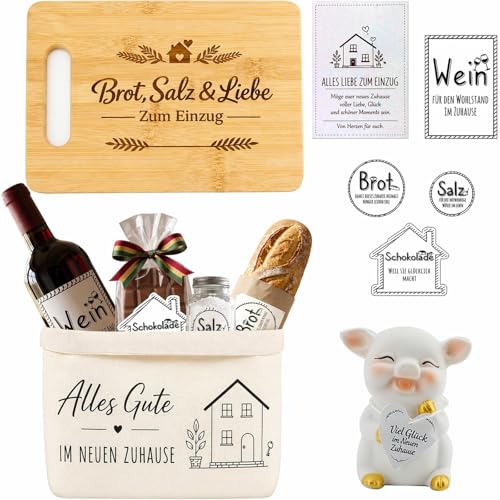 Geschenk zum Einzug & Wohnungseinzug Einzugsgeschenke Brot und Salz Symbol Geschenkset mit Schneidebrett Brotkorb Glücksschwein aus Keramik Grußkarte & Symbol-Stickern für Haus Wohnung & Richtfest
