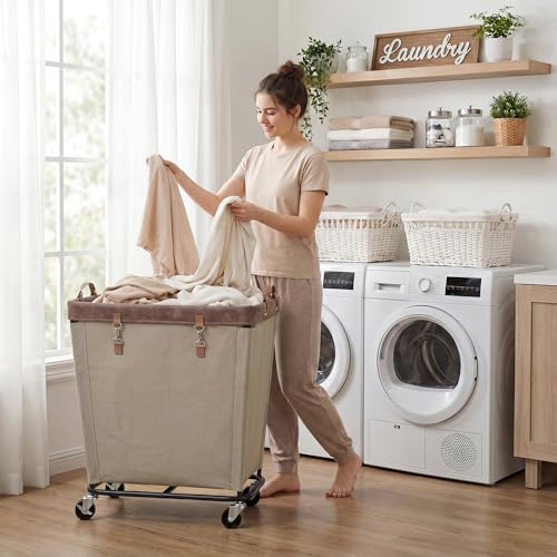 Image of StorageWorks Laundry Basket with Wheels for Clothes, 210L Tan Hamper Cart