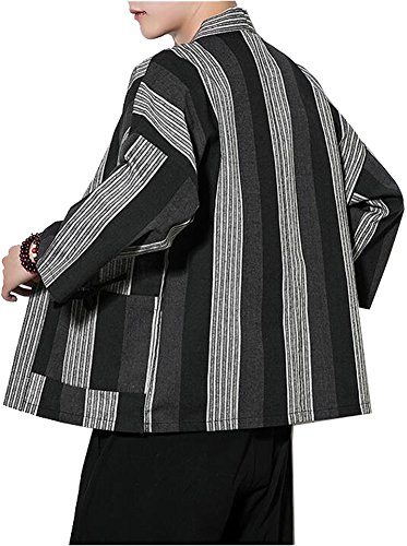 Men's Cotton Linen Retro Striped Kimono Cardigan Cloak Jacket 2XL (Black Striped, Medium)