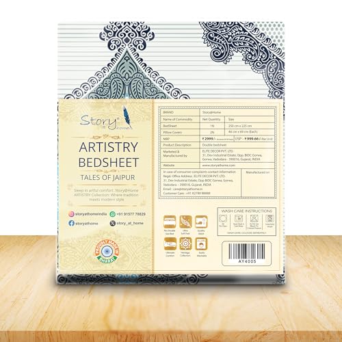 Image of Story@Home Rajasthani Heritage Jaipuri Sanganeri Handblock Print Double Bedsheet 250x225 cm & Pillow Covers | Cotton Feel 240 TC Soft Fabric | Blue White Ethnic Motif | Breathable & Wrinkle Resistant