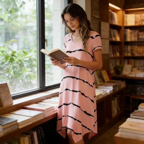 Image of Women Casual Loose Soft Crewneck Short Sleeve Pockets Swing T-Shirt Dress