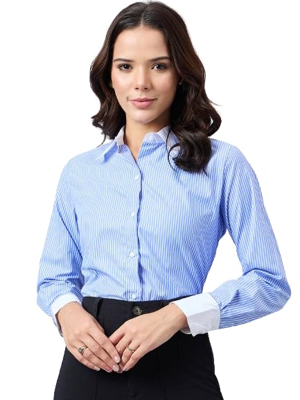 Image of Style Quotient Women Stripe Polycotton Regular Fit Colorblock Formal Shirt