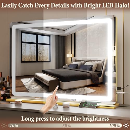 FENNIO Vanity Mirror with Lights 32"x22", Lighted Makeup Mirror, Large Vanity Mirror with Lights, Touch Sensor with 3 Color Lighting,USB Charging Port for Vanity Desk Tabletop(Gold)
