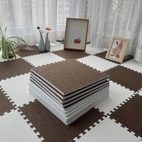 12 Pcs Carpet Squares Puzzle Mat, Linen Surface and Anti Slip EVA Foam Jigsaw Floor Tiles, Interlocking Foam Floor Mats, Build A Safe Area for Bedroom Playroom (12, White+Deep Coffee, 11.8x11.8 in) Cover