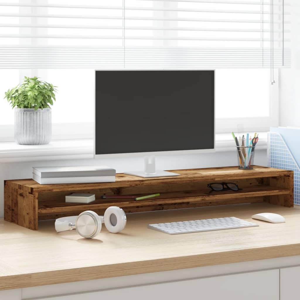 Supporto per monitor, effetto legno anticato, 100 x 24 x 13 cm, con vano portaoggetti per monitor, TV, monitor, schermo piatto, in soggiorno, ufficio, gaming