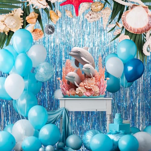 Image of GOER 3.2 ft x 9.8 ft Metallic Tinsel Foil Fringe Curtains Party Photo Backdrop Party Streamers for Birthday,Graduation,New Year Eve Decorations Wedding Decor (4 Packs,Blue)