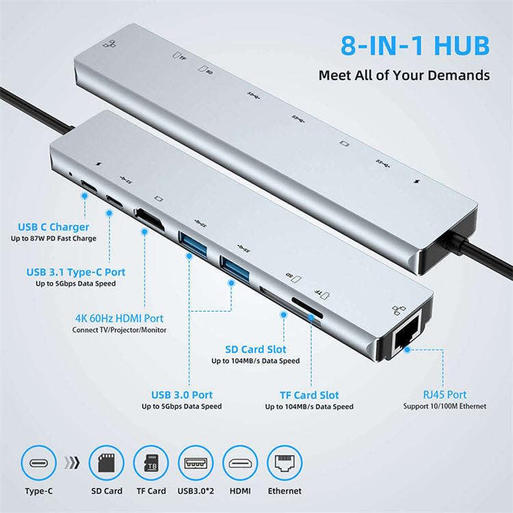 Image of Mport 8 Plus Dual Plug 8-in-1 Docking Station /Hub with HDTV, USB*2, USB C Female Port, USB C Male, Rj45, microSD /SD Card Reader, Type-C Data, USB 2.0, Type-C and USB Plug for Laptop, Mac, PC