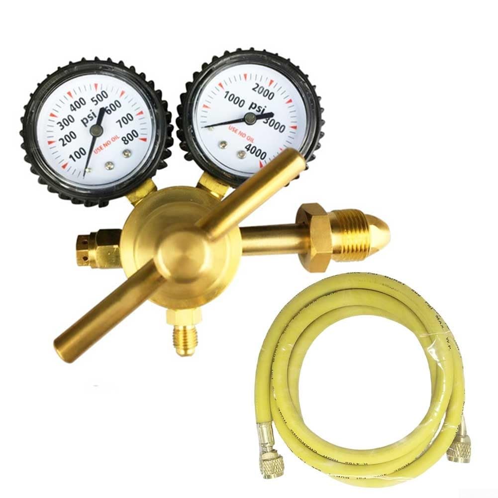 Regolatore di pressione per azoto HVAC con doppi manometri, ingresso CGA580, porta di scarico svasata da 1/4", intervallo di consegna 0-800 PSI, lunghezza del tubo da 199,9 cm