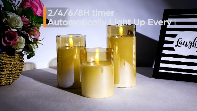 Image of Grey Glass Flameless Candles with Remote and Timer, Real Wax Candles Warm Flickering LED Pillar Battery Operated Candle Light for Halloween Wedding Party Home Decoration, Set of 3