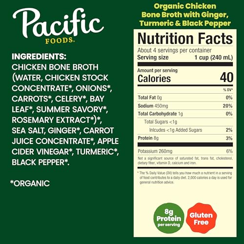 Image of Pacific Foods Organic Chicken Bone Broth With Ginger, Turmeric, and Black Pepper, 32 oz Carton