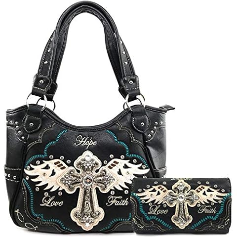 Zelris Faith Love Hope Cross Angel Wing Women Conceal Carry Women Tote Purse Set (Black) Cover