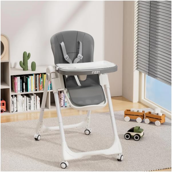 Image of Baby High Chair, Foldable with 5-Point Harness, Adjustable Recline, Removable Tray and Wheels, Grey