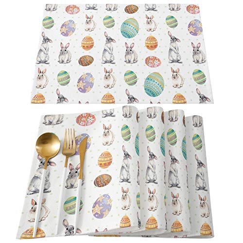 Placemats for Dining Table-Easter Eggs Bunny Festivals Celebrations White Wave Dot,Heat Insulation Stain Resistant Placemats Set of 6,Washable Table Mats for Home Kitchen Christmas Wedding Decor