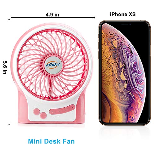 efluky 3 Speeds Mini Desk Fan, Rechargeable Battery Operated Fan with LED Light and 2200mAh Battery, Portable USB Fan Quiet for Home, Office, Travel, Camping, Outdoor, Indoor Fan, 4.9-Inch,Pink