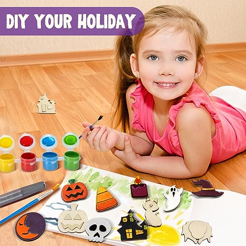 Image of JOYIN 12 Pcs Halloween Wood Craft Kit, Wooden Magnet Creativity Arts Painting Kit, DIY Halloween Painting Craft for Kids Party Supplies, Toddler Party Favors Family School Activities