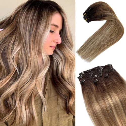 Image of Hair Extensions Clip in Real Human Hair Clip ins Hair Extension Light Brown to Medium Blonde Balayage Remy Human Hair for Women 20 Inch 7Pcs 70g