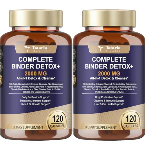 2Pack 2000MG Complete Binder Detox+ Activated Charcoal, Zeolite, Bentonite Clay, NAC, Milk Thistle, Probiotic, All-in-1 Detox & Cleanse Supplement, Liver & Gut Support, 240 Capsules