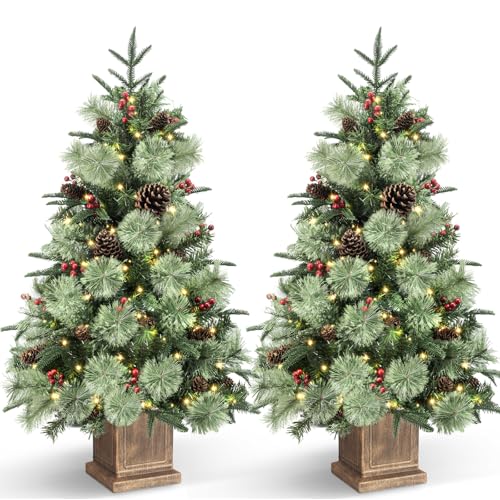 Jin&Bao 4FT Potted Christmas Tree with 100 Lights, 2 Pack Artificial Xmax Tree Timer Function with...