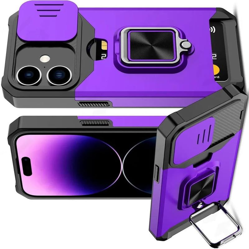 Image of LuxuryKase Shockproof Armor Case for iPhone 16 Plus | Slide Camera Cover | Hidden Card Slot | Rotating Ring Kickstand | Magnetic Car Mount Support | Military Grade Protection - Purple
