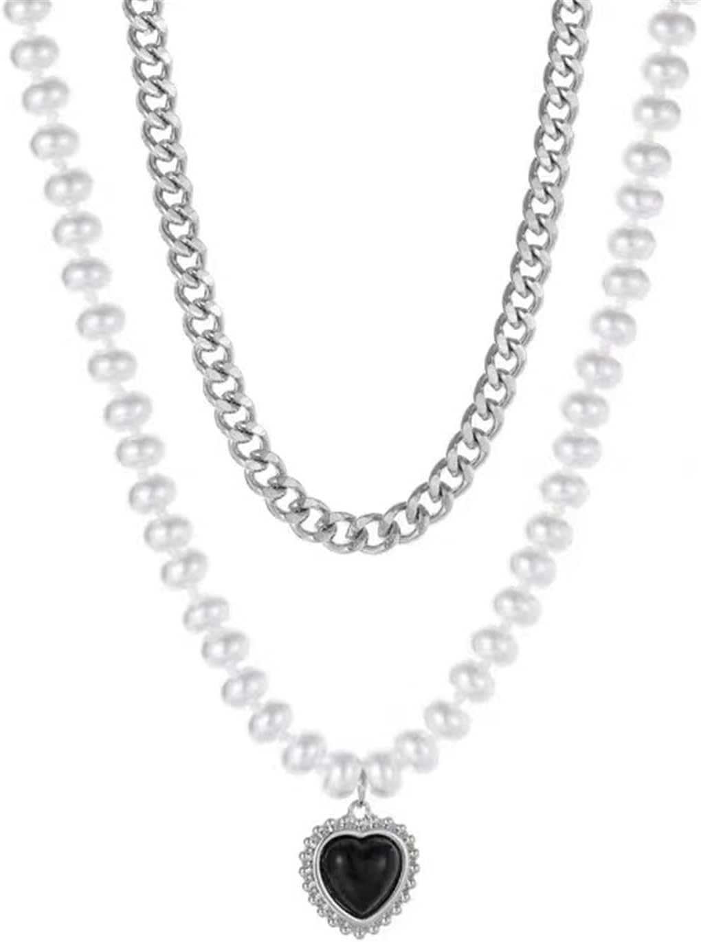 Layered Pearl Necklace, Pearl Chain Necklace with Black Heart Pendant Dainty Double Layered Imitation Pearl Choker Necklace Silver Chunky Chain Necklace Fashion Jewelry for Women