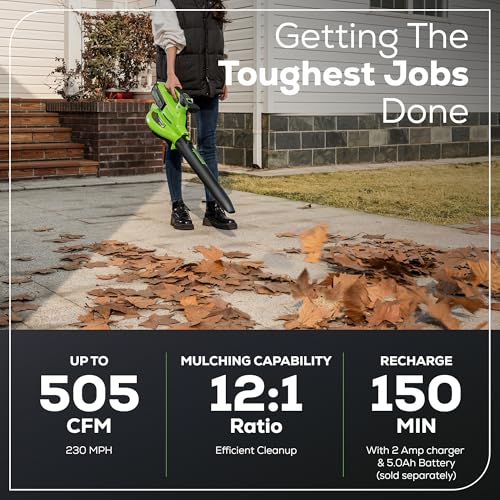 Image of Greenworks 40V (230 MPH / 505 CFM) Cordless Brushless Leaf Blower /Vacuum with Bag, High Power, Lightweight & Quiet for Yard Debris Cleanup, Battery and Charger not included