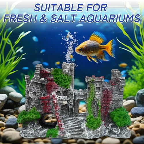 Image of Aquarium Castle Ruins Decoration, Non-Toxic Resin Fish Tank Ornament，Realistic Coral Reef Decor for Freshwater & Saltwater Tanks，Safe Hiding Spots for Fish & Shrimp，Gray Stone