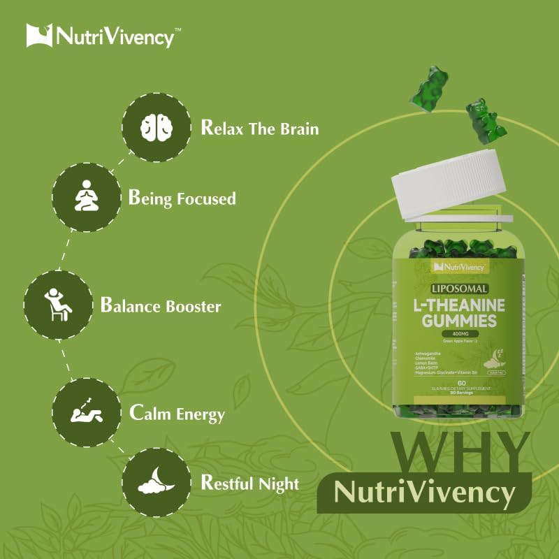 Liposomal L-Theanine Gummies, Sugar Free L Theanine 400mg Gummies Supplement for Adults & Kids, l'theanine Chewable for Relax & Improved Focus, Enhanced Absorption, Vegan, Green Apple Flavor, 60 Count - Image 3