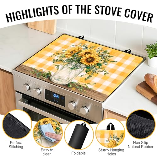Image of NYZE Stove Cover for Electric and Glass Stove Tops 3-in-1 Stove Mat, Heat Resistant Counter Protector Mat, Non-Slip Surface & Drying Rack (Sunflower Yellow, 28.5 inchLx20.5 inchW)