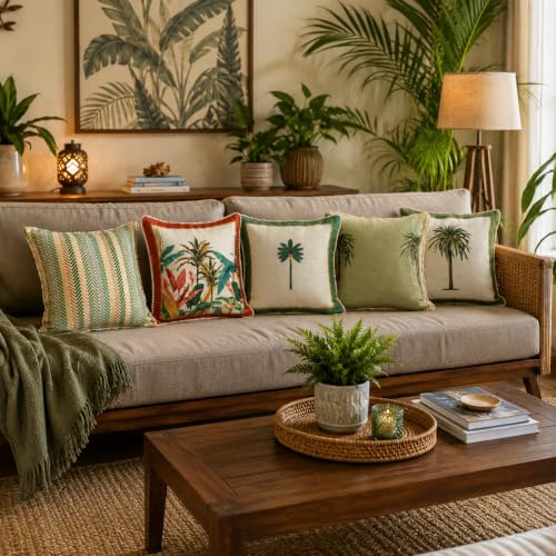 Image of Floral Cotton Cushion Cover Set, White & Green, Pack of 5