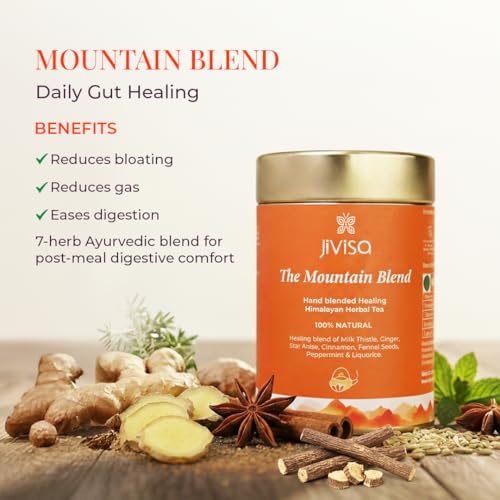 Image of JiViSa Mountain Blend Gut Health Herbal Tea for Digestion & Bloating Relief with Fennel, Ginger, Peppermint, Milk Thistle, Cinnamon, Star Anise & Liquorice | Digestive Herbal Tea | Tin 50g