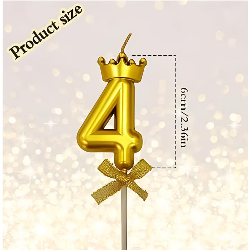 Image of Number 4 Unscented Candle with Crown 3 inch for 4th Birthday Party, Wedding Anniversary, Engagement, Theme Party Celebration Cake Topping Decoration Gold, Numeric 4